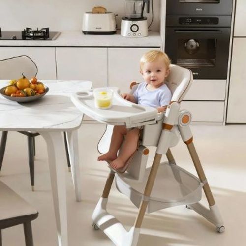 Angel Sar Adjustable Baby High Chair 0-6 Years, Portable Infant Feeding Seat with Safety Belt & Wheels for Home Use, White