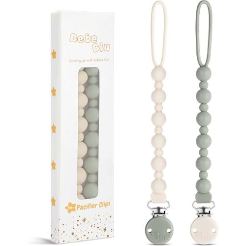 2 Pack Pacifier Clips, One-Piece Silicone Pacifier Clip, 100% Food-Grade Silicone Pacifier Holder (Cream/Sage)