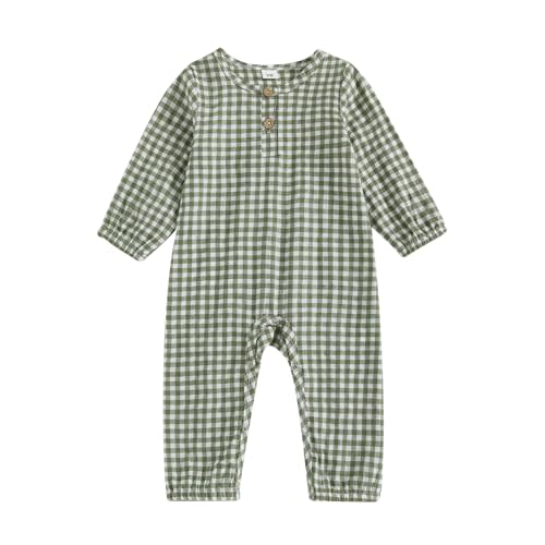 CEHEDDO Baby Boy Girl Gingham Jumpsuit Long Sleeve Plaid Romper Button Playsuit Unisex Fall Casual One Piece Outfit