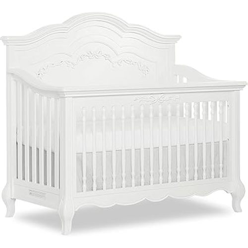 évolur Aurora 5-in-1 Convertible Full-Size Baby Crib in Frost White, GreenGuard Gold & JPMA, 3 Levels, Ribbon Bow Scrollwork & Queen Anne Feet, Converts to Toddler, Day & Full-Size Bed (Rails to Buy)