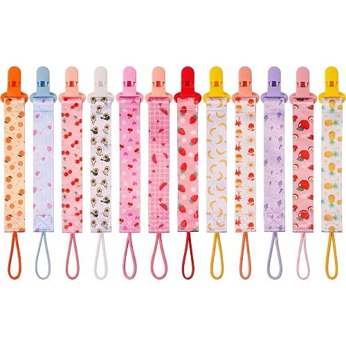 12 Pack Pacifier Clips with Adjustable Strap (32-46.5cm)/Short Strap(25.5cm) - Premium Polyester Baby Pacifier Holder Set, Multi-Design Clips for Boys Girls (Multicolor -Fruit)