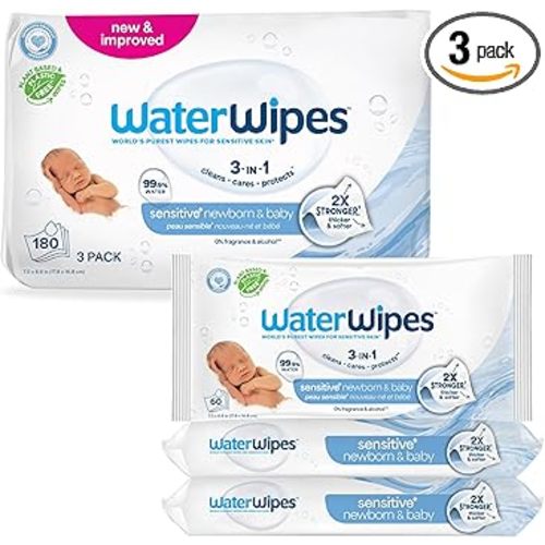 WaterWipes Sensitive+ Newborn & Baby Wipes, 3-In-1 Cleans, Cares, Protects, 99.9% Water, Unscented & Hypoallergenic, 180 Count (3 Packs)