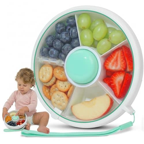 TRENDO Snack Spinner for Toddlers – Green Rotating Snack Container, BPA & PVC-Free Baby Snack Box, Spill-Proof Toddler Snack Container with Hand Strap, 5 Compartments Travel Snack Box for Kids