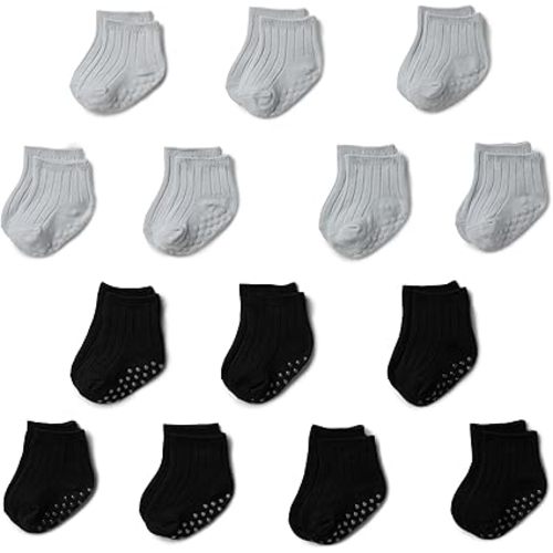 Amazon Essentials Unisex Babies' Non Slip Grip Ribbed Ankle Socks, 14 Pairs