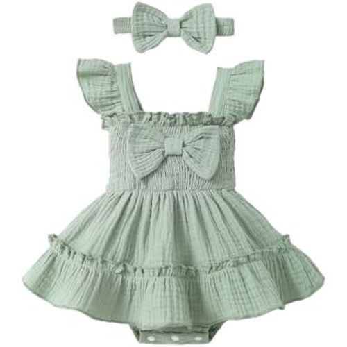 Baby Girl Smocked Romper Dress Ruffle Bow Summer Outfit