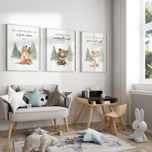 Woodland Animals Nursery Print Set, Bible Verse Art