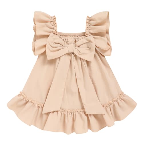 Toddler Girl Flutter Sleeve Dress, Back Bow Wrinkle Resistant Casual Outfit | Square Neck, Relaxed Fit, Soft Fabric, Machine Washable, Flowy Hem, Spring Summer Wear, Daily Special Occasions, Sizes 6M–4T