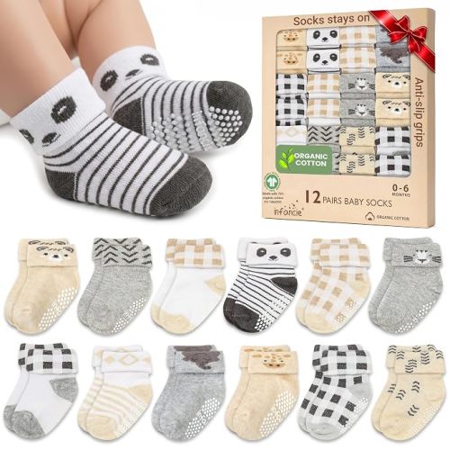 GOTS Organic Cotton Blend 12 infant socks with Grip 0-6 M Boy Non Slip Gift | Oeko-Tex Certified, Baby Socks, 12 Pairs, Organic Cotton Socks For Boys, Newborn Baby Socks, Blue, For Baby Boys, 0-6 Month