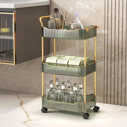 Acrylic Storage Trolley, Bathroom Kitchen Rolling Utility Cart Mobile Organization Shelves with Handle and Lockable Wheel(Gold,3 Tier)