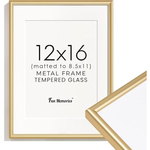 Fun Memories 12x16 Picture Frame Gold, Aluminum Picture Frames 12"x16", 12x16 Picture Frame with Mat for 8.5x11, 12 by 16 Frame Real Glass, 12 x 16 Metal Frame for Home Decor