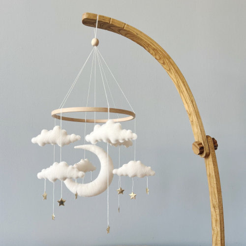 Cloud Baby Mobile - Baby Girl and Boy Mobile - Rain Cloud Baby Crib Mobile - White Gold Mobile for Nursery - Gender Neutral Nursery Mobile