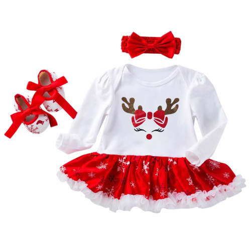 Zwiiyzr Baby Girls Clothes First Christmas Outfit Newborn Romper Tutu Dress Infant Xmas Skirt with Shoes Headband Set Christams Gifts for Baby Girl 0-24 Months
