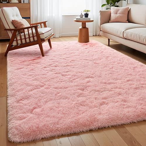 Light Pink Rugs for Bedroom Girls, 5x7 Shag Rug Fluffy Area Rugs with Non-Slip Backing for Living Room, Fuzzy Plush Carpet Washable Rug Cute Home Decor Aesthetic for Nursery Dorm Office