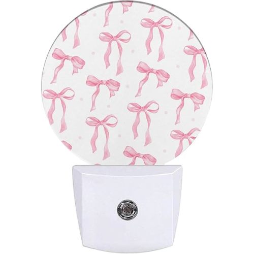 Pink Bow Night Light Ribbon Night Lights LED Lamp Round Plug into Wall Nightlight with Dusk to Dawn Sensor Home Hallway Stairway Kitchen Decor
