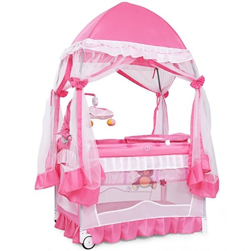 BABY JOY 4 in 1 Pack and Play with Canopy, Portable Baby Playard with Bassinet, Double-Layer Baby Crib, Wheels & Brake, Foldable Baby Girl Pink Princess Bassinet from Newborn to Toddler