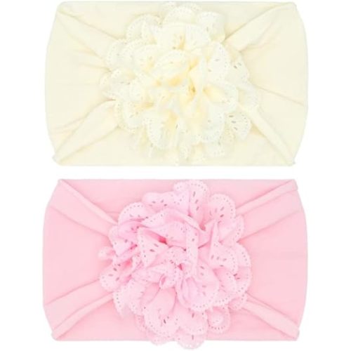 Baby Bling Bows Newborn to Little Girls Hair Bow - EYELET FLOWER HEADBANDS Toddlers Hair Accessories, Made in the USA, One Size (2 Pack Ivory & Pink)