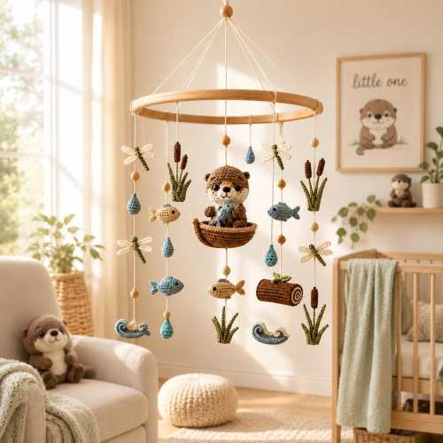 Crochet Otter Baby Mobile, River Animal Crib Mobile with Fish Dragonflies Cattails, Woodland Nursery Decor, Baby Shower Gift