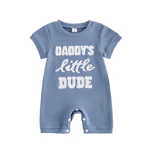 Newborn Baby Boy Summer Outfit Romper Letter Embroidery Short Sleeve Jumpsuit Bodysuit Cute Infant Waffle Clothes