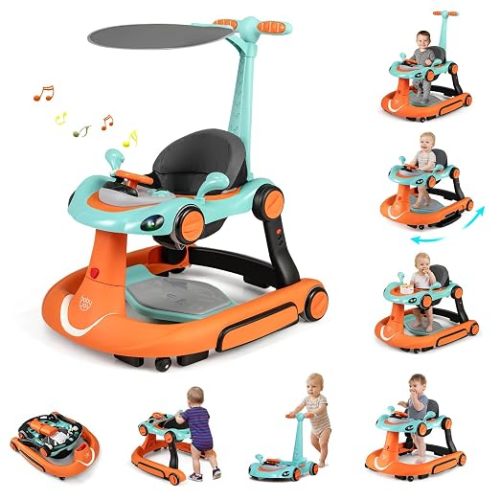 BABY JOY 7-in-1 Baby Walker, Foldable Baby Walker and Bouncer Combo with Handle, Adjustable Height & Speed, Music, Lights, Rocker/Push Mode, Baby Walker with Wheels for Boys Girls 7-18 Months (Orange)