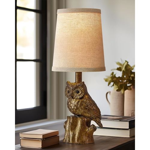14.25" Small Table Lamp for Living Room Farmhouse Bedside Resin Single Lamp with Gold Owl Lamp Shape for Bedroom Retro Rustic Nightstand Lamp