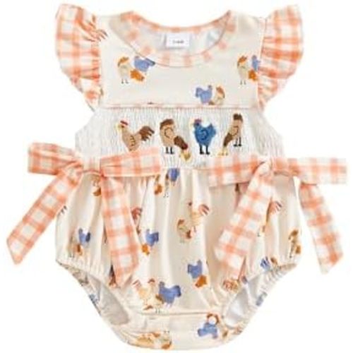 Sujhwsx Baby Girls Summer Romper Farm Chicken Embroidey Flying Sleeve Bodysuit Ruffle Smocked Plaid Bow Outfit