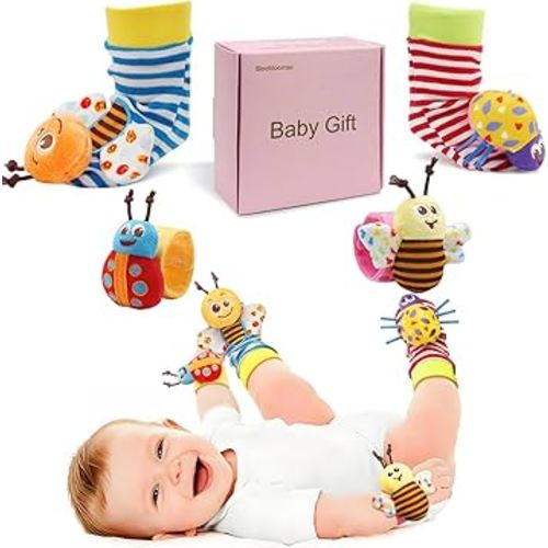 Bloobloomax Baby Wrist Rattle Socks and Foot Finder Set for 0-24 Month, Infant Girl Boy Toys Newborn Hand & Foot Toys for 0 to 24 Months, Baby Shower Gifts Set with Wrist Rattle Socks (Pink Gift Box)