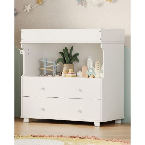 Baby Changing Table Dresser with 2 Drawers, Modern Nursery Dresser with an Open Storage Space, Diaper Changing Station for Bedroom, Kids Room, White