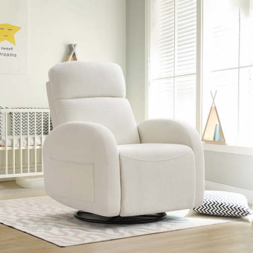 Aemeios Chenille Swivel Rocker Glider Manual Recliner Nursery Rocking Chair with Double Pockets, White
