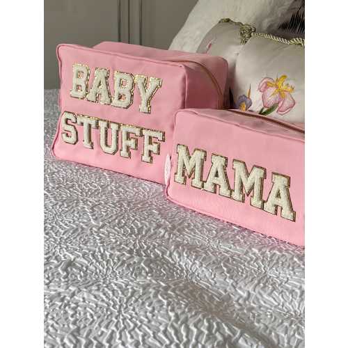 Personalised large  nylon cosmetic pouch glitter sewn on letters, preppy pouch, gifts for baby,newborn,new mum, Sewn patches, gifts for her.