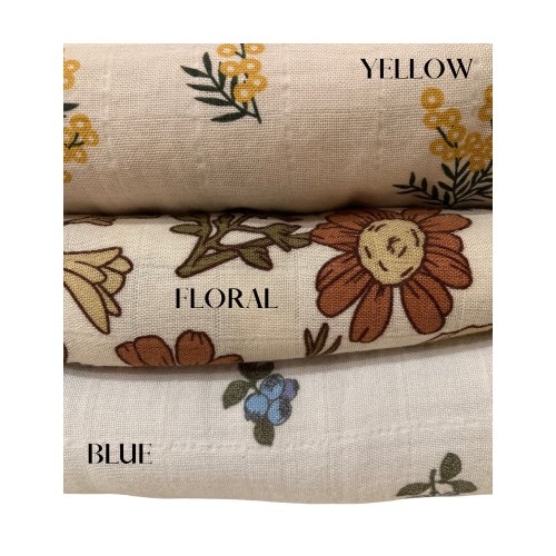 Muslin Swaddle Blanket Set, Bamboo Cotton Newborn Receiving Blankets, Floral Blue Patterns