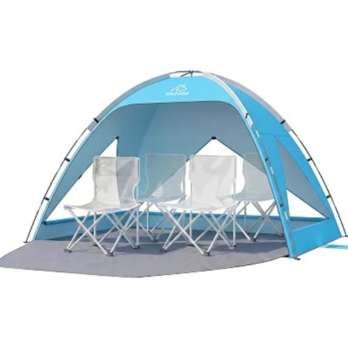 Wolfwise Portable Beach Tent Sun Shelter, Large Spacious Sun Shade for 3-4 Person, UPF 50+ UV Protection, Extendable Floor for Privacy, 3 Ventilated Mesh Windows, Carrying Bag, 95 ″x65″x55″, Sky Blue