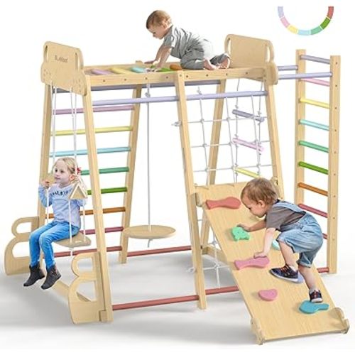 Upgraded Indoor Playground 9-in-1 Jungle Gym Kids Climbing Toys, Montessori Philosophy Waldorf Style Wooden Climber Playset with Slide, Swing, Monkey Bars, Upright/Rope Ladder, Climb Net, Rainbow