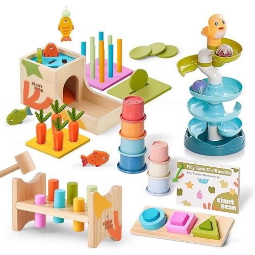 Giant bean Montessori Toys for Baby, 6-in-1 Wooden Early Education Learning Toys with Sensory Teething,Object Permanence Box,Shape Sorting Stacking Ring,Mirror Puzzle,Christmas Toy for Kid 1 2 3