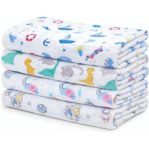 4 Pack Muslin Swaddle Blankets, 70% Bamboo 30% Cotton Ultra Soft & Breathable Baby Receiving Blankets for Swaddling, Nursing Cover, Stroller Blanket, Suitable Boys & Girls