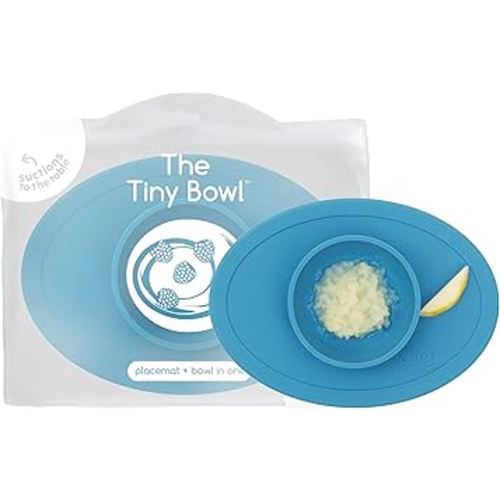ezpz Tiny Bowl (Blue) - 6 Months+ - 100% Silicone Suction Placemat + Bowl for Infants - Fits All Highchair Trays - Baby-Led Weaning Supplies