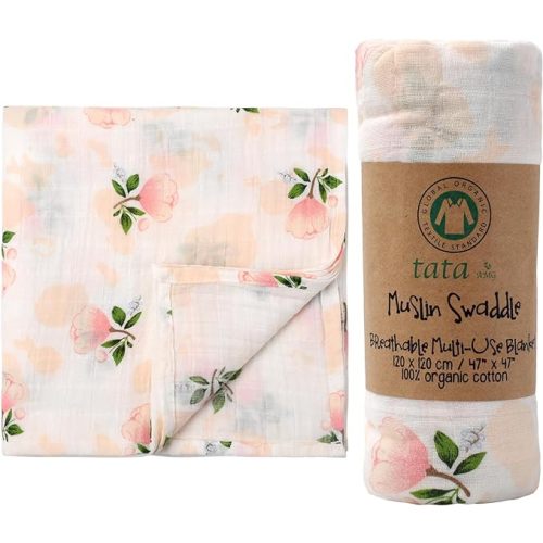 TATA AMG® 100% Organic Muslin Cotton Baby Swaddle Blanket – Soft & Breathable Receiving Blanket for Newborns, Girls & Boys – Large 47x47 | Multipurpose Baby Essentials | Pre-Washed & Gentle on Skin
