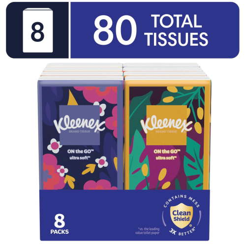 Kleenex Facial Tissues, 8 Pack, 3-Ply, Ultra-Absorbent Travel Pack for Runny Nose