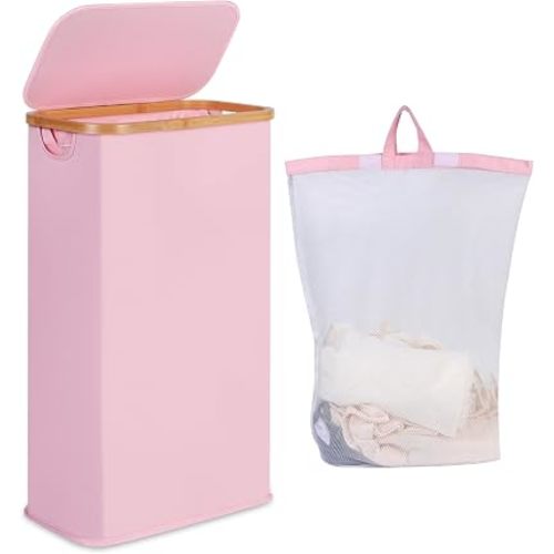 iEGrow 65L Slim Laundry Hamper, Narrow Laundry Basket with Lid,Foldable Clothes Hamper with Bamboo Handles,Hamper Basket with Removable Inner Bag for Laundry Room Bedroom College Dorm,17.17 Gals Pink