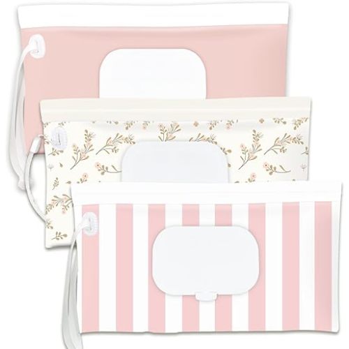Baby Wipe Holder,Wipe Dispenser, 3-Pack Portable Refillable Wipe Container,Reusable Travel Baby Wipes Case, Waterproof and Dustproof, Wipe Holder for Diaper (Pink)