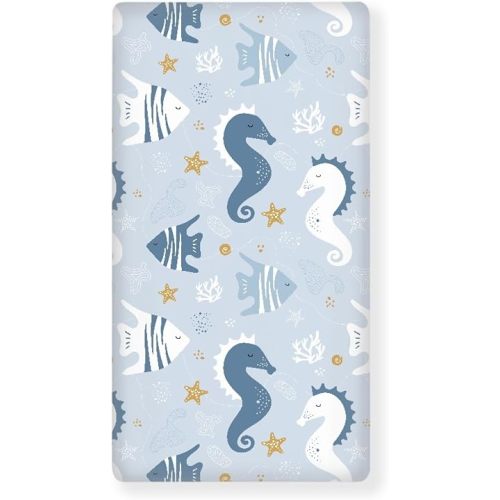 Sea Animal Baby Crib Sheets for Boys Girls Seahorse Fish Breathable Soft Mini Fitted Crib Sheet for Standard Toddler Mattress 52x28x8 in