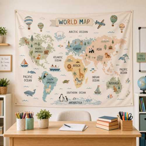 Kids World Map Tapestry, Educational Animal Map Wall Hanging, Nursery Playroom Classroom Decor Gift 36” x 26”