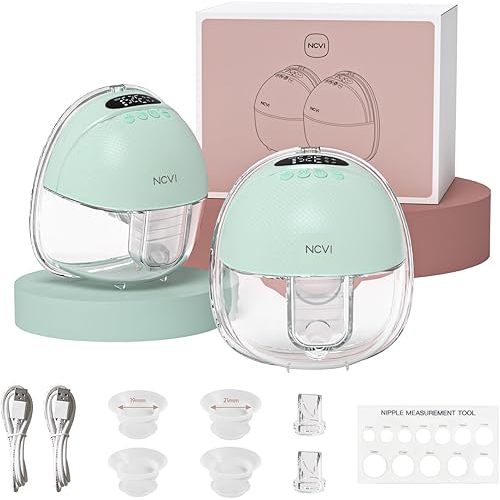 NCVI Hands-Free Breast Pump, Wearable Breastfeeding Pump with 300mmHg Strong Suction, 1400mAh Long Battery, Ultra-Quiet Portable Electric Pump with 4 Modes & 9 Levels, 19/21/24mm, 2-Pack, Green
