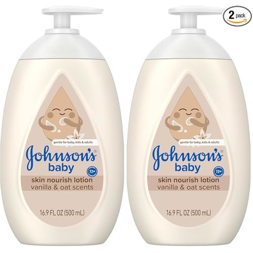 Johnson's Skin Nourishing Baby Lotion, Vanilla & Oat Scents, Hypoallergenic Baby Body Lotion for 72 Hour Hydration Until Baby's Next Bath Moisturizes & Protects from Dryness, 16.9 fl. oz (Pack of 2)