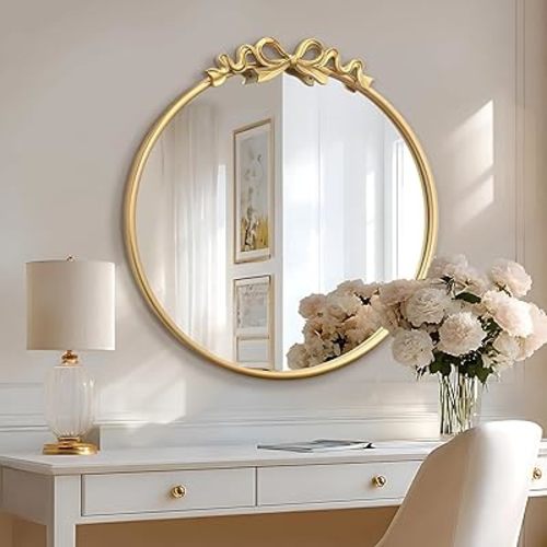 Besdomus Vintage Gold Wall Mirror: 27" Bow Round Wall Mounted Mirror - Baroque Traditional Ornate for Entryway/Fireplace/Bathroom/Hallway - Home Decor for Fashion-Conscious