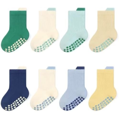 Exegawe 8 Pairs Toddler Non Slip Socks for Boys Girls, Baby Kids Cotton Seamless Crew Anti Skid Gripper Socks 0-5 Years Old