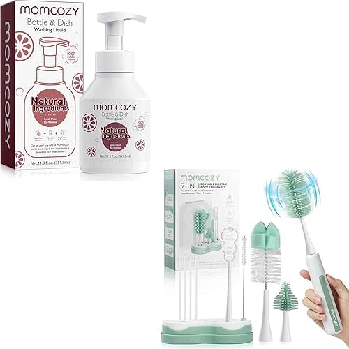 Momcozy 7-in-1 Electric Bottle Brush Cleaning Kit with Natural Cleaning Fluid Bundle, Portable Baby Bottle Cleaner Set with Formula Mixer, Silicone Brush, Nipple & Straw Brushes, Soap Dispenser & Dryi