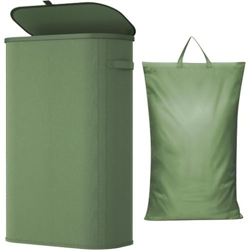 Lifewit Slim Laundry Basket with Lid and Removable Bag, 65L, Green