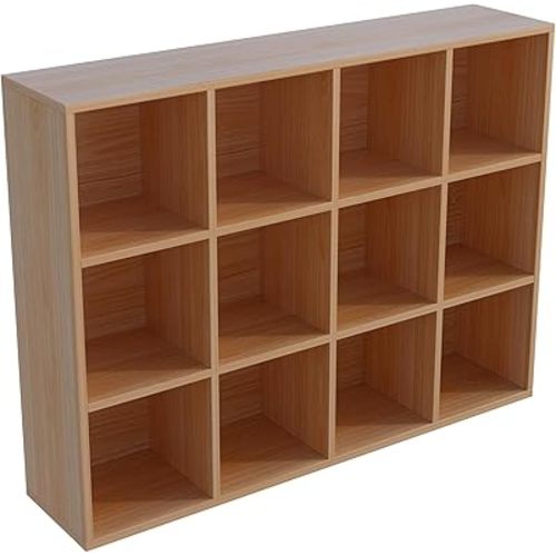 12-Cube Storage Shelf Bookcase - Wooden 3-Tier Floor Standing Open Bookshelf for Home and Office, Display Cabinet, Oak
