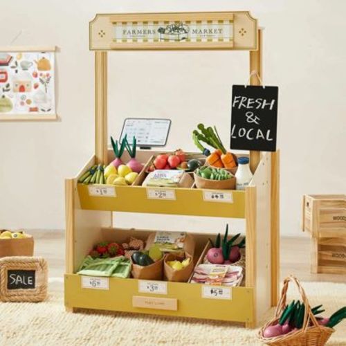 Tiny Land® Kid's Pretend Grocery Store Role Play Toy with Cash Register DIY Price Tags and Chalkboard