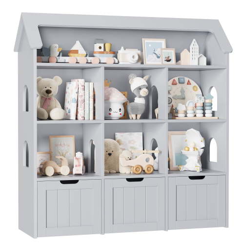 Homfa 46.3”H Kids Storage Organizer with 3 Removable Drawers, 6 Cube Children's Bookcase with Roof-Shaped Top for Playroom Kids Room, Gray